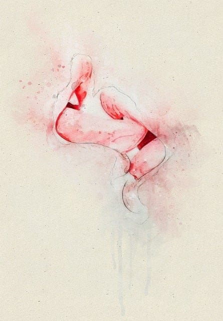 A pair of lips depicting a rainbow kiss