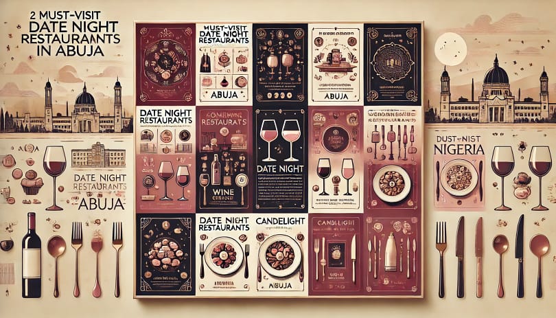 A visually appealing slide showcasing 12 must-visit date night restaurants in Abuja. The design features elegant typography, soft romantic colors like