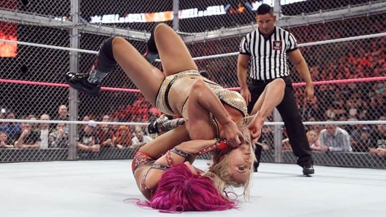 Sasha Banks and Charlotte Flair in the first-ever women's WWE Hell in a Cell Match